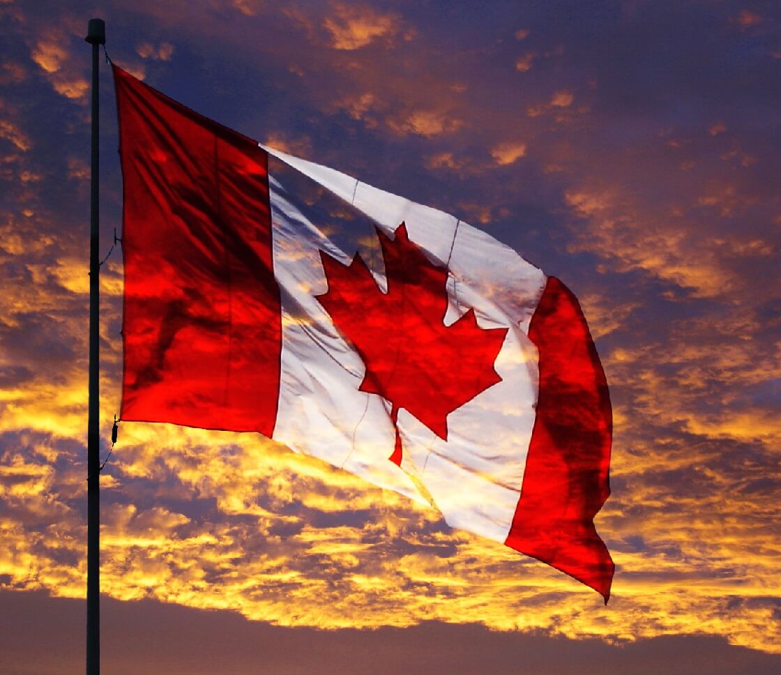 Canadian National Athem flag at sunset 